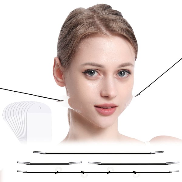 Face Lift Sticker with Fixed Rope, Face Lift Tapes Wrinkle Lifting Patches Neck Eye Tape for V-Line Face(4pcs Black Elastic Bands 10pcs Replacement Tapes)