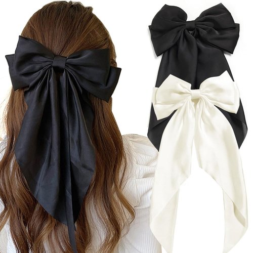 FKEYTO Satin Hair Bows for Women, Silky Ponytail Holders, Barrette Hair Clips with Long Tails, Wedding Party Hair Accessories (Black&Beige)