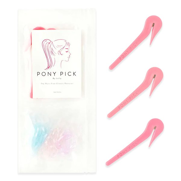 THE PONY PICK Elastic Rubber Bands Cutter for Hair - Elastic Hair Band Remover - Pain Free - Easy Removal - 3 Pack of Pink Pony Picks & 50 Colored Hair Elastics