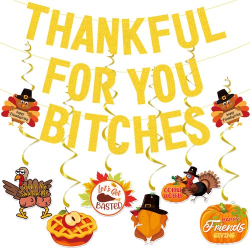 TF Girly Friendsgiving Party Decorations with Hanging Swirls, Gold Glitter Friendsgiving Decorati...