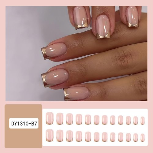 CEWEWP Gold French Tip Press on Nails Medium Fake Nails Square Shape False Nail Tips Full Cover Glue on Nails Nude Pink Medium Length Square Shape French Tip Nails Press ons for Finger Manicure, 24Pcs