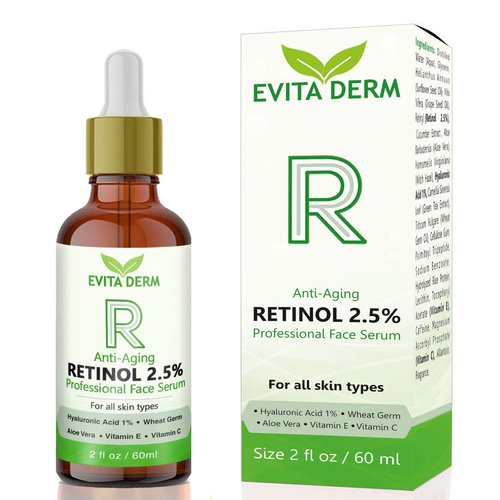 Evita Derm 2.5 Retinol Serum - With Hyaluronic Acid, Vitamin C & E, Peptide, Aloe Vera - Boost Collagen, Reduce Wrinkles, Fine Lines, Acne