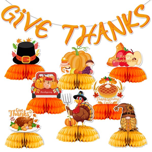 9Pcs Thanksgiving Honeycomb Centerpiece Party Decor | Thanksgiving Table Decorations |Thanksgiving Party Decorations| Thanksgiving Centerpieces for Tables |Give Thanks Banner Pumpkin Truck Sunflowers