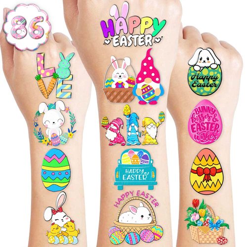 86PCS Easter Bunny Tattoo Temporary Tattoos Birthday Party Decorations Supplies Favors Decor Easter Egg Tattoos Stickers Cute Gifts for Kids Boys Girls Prizes Rewards Easter Carnival