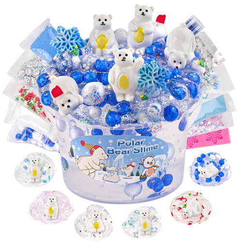 LAWOHO 300ml Polar Bear Slime with Clay, Clear Slime Kit for Girls Ages 8-12 with 10 Packs Slime Add Ins, Slime for Kids Party Favors, Kids Slime Birthday Halloween Christmas Easter Slime Making Kit
