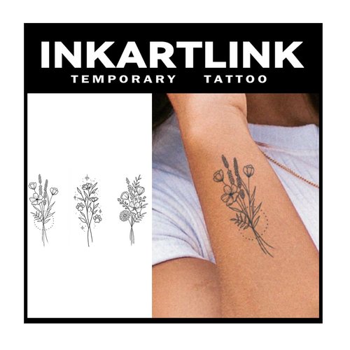 INKARTLINK Tattoo Tech, 2 Sheets Medium Semi Permanent Tattoo, Temporary Tattoos, Last 1-2 Weeks, Waterproof, Realistic Look, No Adhesive, No Reflection (Three Bunches of Flowers)