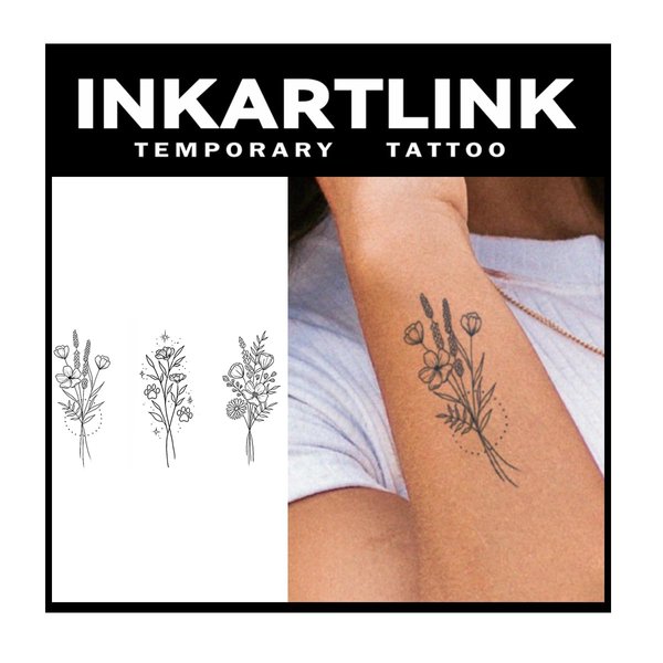 INKARTLINK Tattoo Tech, 2 Sheets Medium Semi Permanent Tattoo, Temporary Tattoos, Last 1-2 Weeks, Waterproof, Realistic Look, No Adhesive, No Reflection (Three Bunches of Flowers)