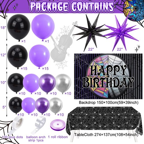 Winrayk Purple and Black Birthday Party Decorations Supplies for Girls Kids with Starburst Balloon Garland Arch Kit Birthday Backdrop Spider Web Tablecloth Halloween Black Purple Birthday Decorations