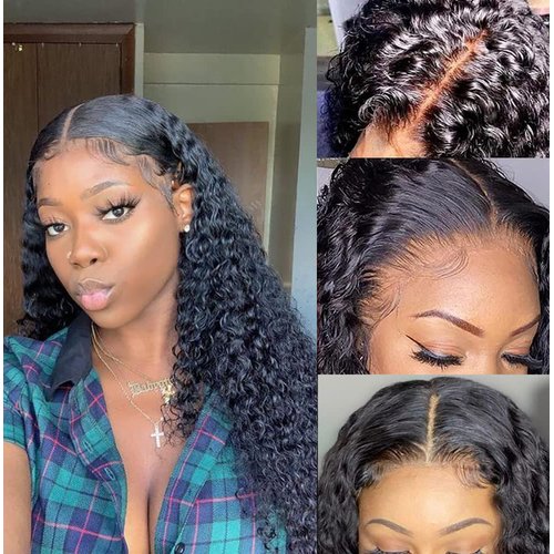 Jewhaut 13x4 Deep Wave Lace Front Wigs Human Hair Wigs for Black Women Lace Front Glueless Wigs Human Hair Pre Plucked with Baby Hair Deep Curly Lace Frontal Wigs Human Hair 180% Density 22 Inch