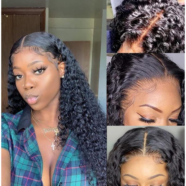 Jewhaut 13x4 Deep Wave Lace Front Wigs Human Hair Wigs for Black Women Lace Front Glueless Wigs Human Hair Pre Plucked with Baby Hair Deep Curly Lace Frontal Wigs Human Hair 180% Density 22 Inch