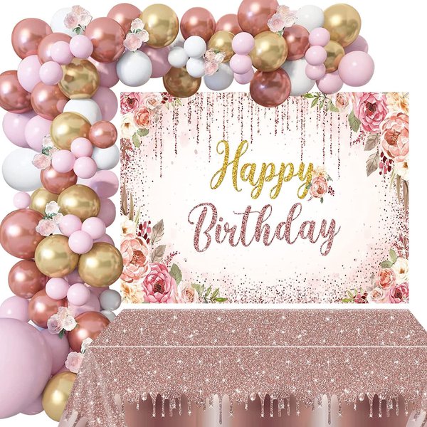 Floral Happy Birthday Decorations Women, 131PCS Rose Gold Flower Birthday Party Supplies Including Happy Birthday Backdrop, Balloon Arch/Garland Kit, Birthday Tabblecloth for Girls