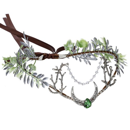 MOSTORY Handmade Moon Flower Crown - Fairy Headpiece Woodland Elf Circlet Forest Tiara for Women Girls Renaissance Halloween Festival Elf Cosplay Party Medieval Accessory