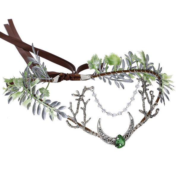 MOSTORY Handmade Moon Flower Crown - Fairy Headpiece Woodland Elf Circlet Forest Tiara for Women Girls Renaissance Halloween Festival Elf Cosplay Party Medieval Accessory