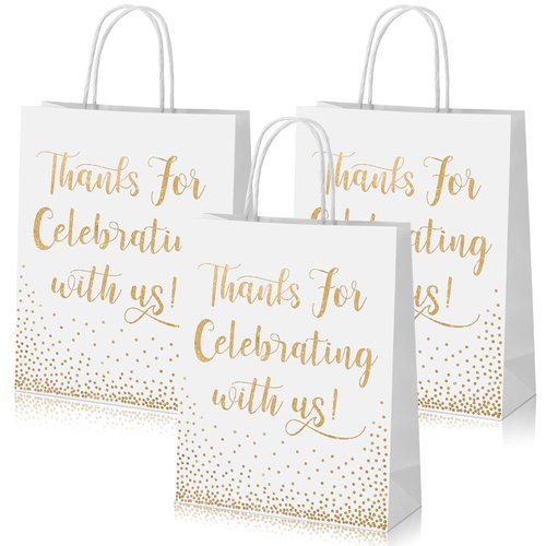 Chinco 30 Pcs Wedding Welcome Gift Bags Hotel Guests Thanks for Celebrating with Us Gold Paper Gift Bag Medium Size Foil with Handle for Bridal Shower Party Favor(White, 10 x 8 x 3 Inch)