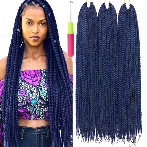Box Braids Crochet Hair 24 Inch Prelooped Crochet Hair Extensions Hand Made 3 Packs Twist Crothet Braids Hair for Women Braiding Hair Extensions 22 Strands/Pack (24 Inch (Pack of 3), Dark Blue)
