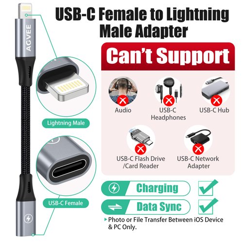 AGVEE 2 Pack 4 inch 30W USB-C Female to Lightning Cable Adapter, Type-C to 8 Pin Male PD Fast Charging Converter Cord Data Sync Connector for iPhone 13 12 11 Airpods iOS Device, Carplay, Dark Gray