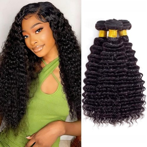 Deep Wave Human Hair Bundles 10A Brazilian Virgin Human Hair Bundles 16 18 20 Inch Wet and Wavy Curly Bundles Human Hair Extensions for Black Women Natural Color