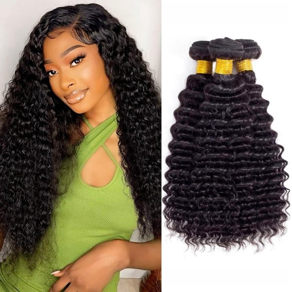 Deep Wave Human Hair Bundles 10A Brazilian Virgin Human Hair Bundles 16 18 20 Inch Wet and Wavy Curly Bundles Human Hair Extensions for Black Women Natural Color