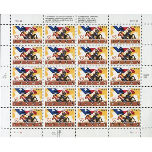 Texas Statehood 1845 (Sheet of 20) 32 Cent US Postage Stamps 1995 Scott 2968
