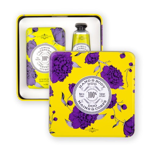 La Chatelaine Lemon Verbena Triple Milled Bar Soap and 20% Shea Butter Hand Cream Gift Set, Decorative Tin, Plant-Based, Natural & Organic, Made in France (7 oz. soap bar, 1 oz. hand lotion)