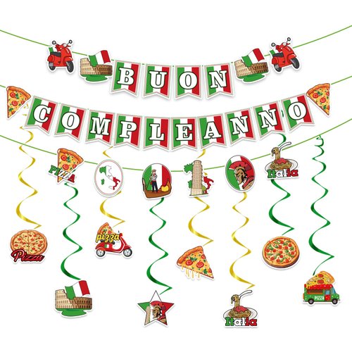 Italian Party Decorations - Buon Compleanno Banner with Hanging Swirls Pizza Party Decorations Italian Decor for Birthday Pizza Party Pizza Time Pizza Game