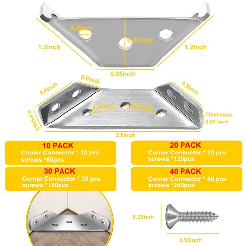 30 Pack Trapeziform Angle Brackets with 180pcs Screws , Stainless Steel Trapeziform Corner Braces, Triangle Shelf Support Joint Fastener, Trapeziform Shelf Bracket for Cabinet, Closet, Furniture