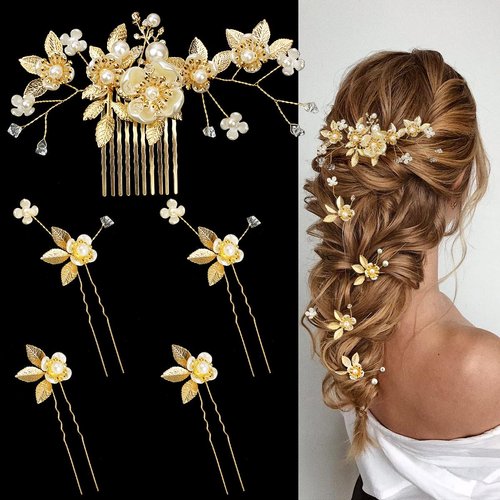 5 Pieces Gold Leaf Hair Pins Flower Pearl Hair Forks Bridal Hair Clips Headpiece Vintage Wedding Hair Accessories for Women Girls Brides Bridesmaids Flower Girls(Elegant)
