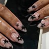 Maigitur Black Star Press on Nails Medium Almond Fake Nails with Design Rhinestone Stick on Nails Acrylic Nails Star False Nails Glossy Natural Nude Glue on Nails for Women Girls Manicure 24Pcs