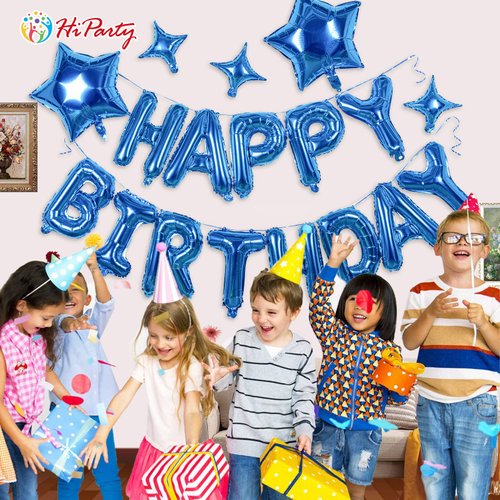 HiParty 23pcs Birthday Balloons Banner, 3D Blue Premium Mylar Foil Ecofriendly Letter Happy Birthday Banner with 5pcs Star Balloons Kits for Kids Boys Men Adults Birthday Party Decorations Supplies