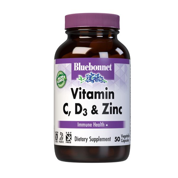 Bluebonnet Nutrition Vitamin C, D3 & Zinc, for Immune Health and Respiratory Function*, Soy-Free, Gluten-Free, Non-GMO, Kosher Certified, Dairy-Free, 50 Vegetable Capsules, 50 Servings