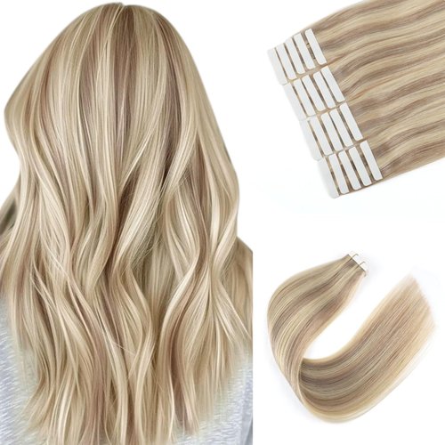 Sixstarhair Tape in Hair Extensions Human Hair Highlighted Blonde to Medium Blonde Remy Human Hair Ombre Blonde Tape in Hair Extensions Soft Real Human Hair 50g 20pcs [P16/22 16inch]