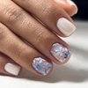 24Pcs Spring Press on Nails Short Fake Nails Blue Retro Flower with Designs Nude Glossy Stick on Nails White Acrylic Extra Short Square False Nails Artificial Glue on Nails for Women Manicure Decor