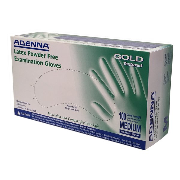 Adenna GLD265 Gold 6 mil Powder-Free Latex Gloves, Medical Grade, White, Medium, Box of 100