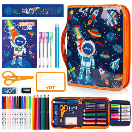 Space Markers Set with Glitter Pencil Case & Stationery, Art Supplies for Kids Ages 4-6-8, Arts Crafts Travel Coloring Kit for Boys 4 5 6 7 8 Year Old Christmas Birthday Gift