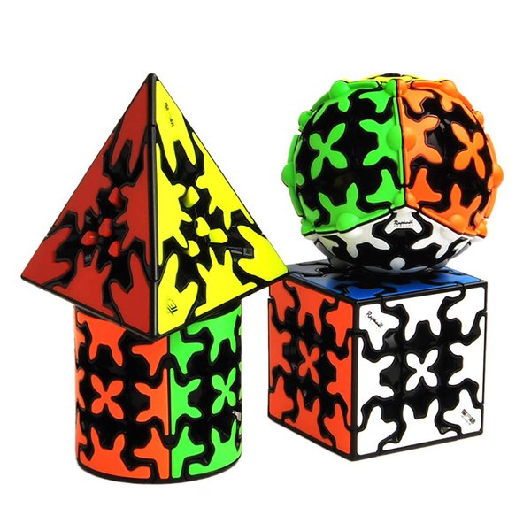 Yealvin Gear Speed Cube Set, Gear Puzzle Cube Bundle of Gear Pyraminx Cube 3x3 Gear Cube Gear Cylindrical and Ball Cube Puzzle Toys for Kids 4Pcs