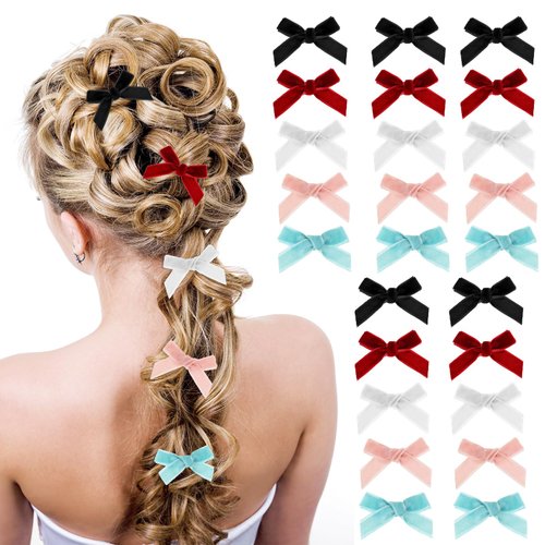 Mini Hair Clips for Women Girls, 30 Pieces Cute Bow Hair Clips Small Bow Hair Pins Suede Satin Ribbon Bowknot Barrettes 5 Colors Metal Y2k Bow Hair Clips Accessories for Women Girls Hair Styling Tools