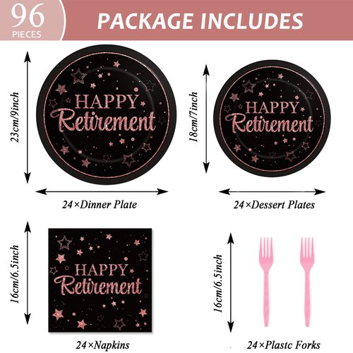 Wiooffen 96 Pcs Retirement Party Plates Napkins Tableware Set Rose Gold Happy Retirement Supplies Disposable Dinnerware Decoration Favors for Women, 24 Guests