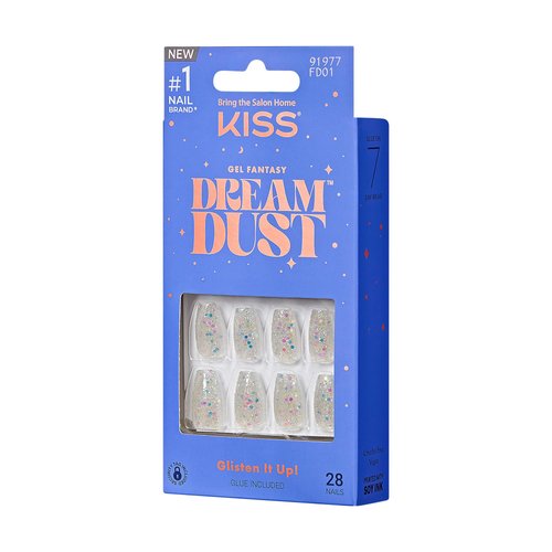 KISS Gel Fantasy Dreamdust, Press-On Nails, Nail glue included, Mood Dust', Light White, Short Size, Coffin Shape, Includes 28 Nails, 2G Glue, 1 Manicure Stick, 1 Mini File