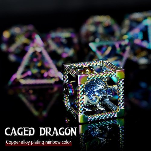 RULE DICE 7pcs Captive Magic Dragon Metal D& D Dice Set, Unique Design, Fantastical Hollow Polyhedral DND Metal Dice, Suitable for Role Playing Games Dungeons and Dragons D&D Dice Set (Rainbow)