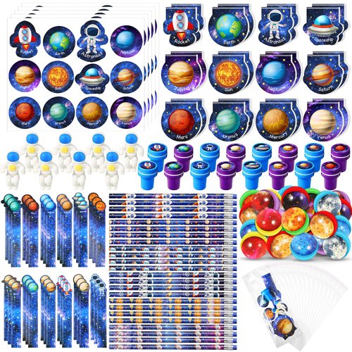 Cholemy 192 Pcs Space Party Favors Space Theme Party Supplies Astronaut Stationery Set Notebook Bouncy Ball Sticker Stamper Eraser Ruler Pencil Bag for Galaxy Birthday Party Gift Classroom Prize