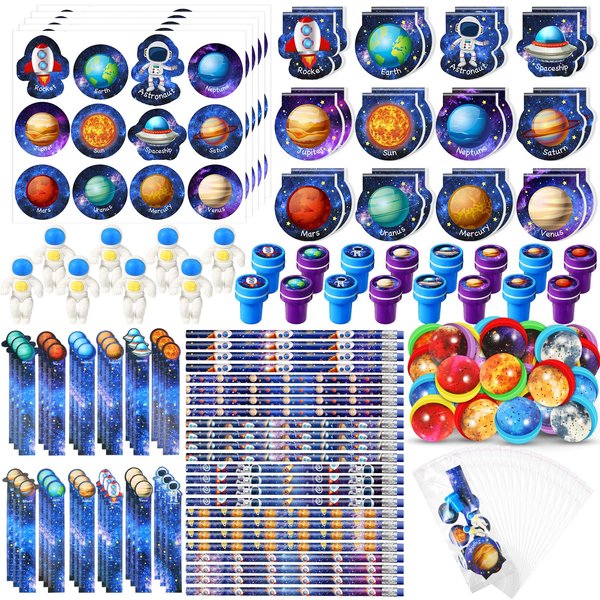 Cholemy 192 Pcs Space Party Favors Space Theme Party Supplies Astronaut Stationery Set Notebook Bouncy Ball Sticker Stamper Eraser Ruler Pencil Bag for Galaxy Birthday Party Gift Classroom Prize