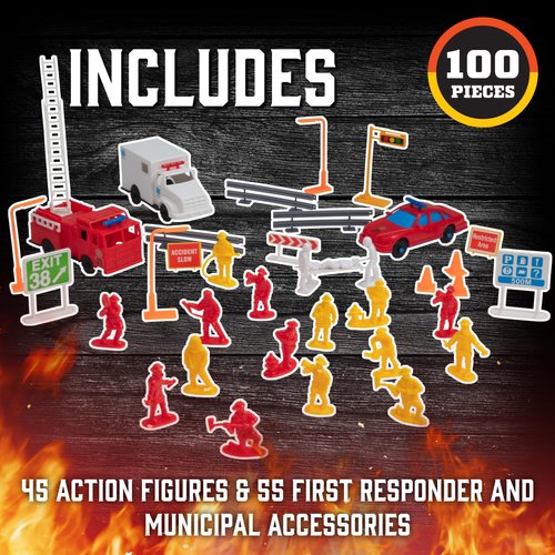 Fireman Action Figure Toys - 100pc Firefighter Figurines Playset Includes Firemen, Firetrucks, Ambulances, Rescue Boats & More - Great for Pretend Play & Dioramas- Xmas Gifts for Kids & Collectors