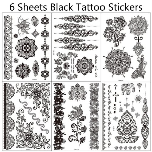 6 Sheets Henna Tattoos Black Henna Temporary Tattoo Stickers Sexy Lace Waterproof Removable Fake Tattoos Luxury Mandala Flower Design Body Decals for Women Birthday DIY Body Face Party Supplies Favors