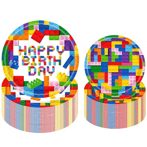 100Pcs Building Block Party Supplies Building Block Paper Plates 50 9"Colorful Building Block Dinner Plates 50 7"Building Block Birthday Plates,for Colorful Blocks Birthday Party Decoration