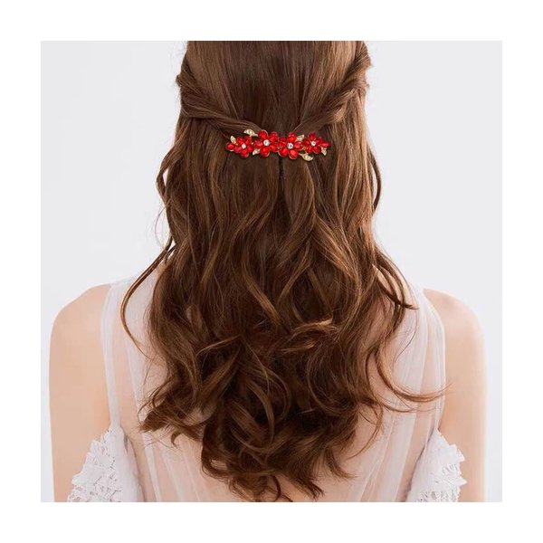 EVER FAITH Women's Austrian Crystal Hair Barrette Clip, Art Deco Plum Blossom Flower Teardrop Hair Clasps Accessorie Red Gold-Tone