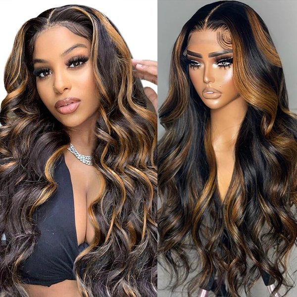 PLAASET 28 Inch Ombre Lace Front Wig Human Hair 1B/30 Body Wave Highlight Lace Front Wigs Human Hair Colored 13x4 Ombre Brown Wig Human Hair 200% Density Glueless HD Lace Frontal Wigs Human Hair