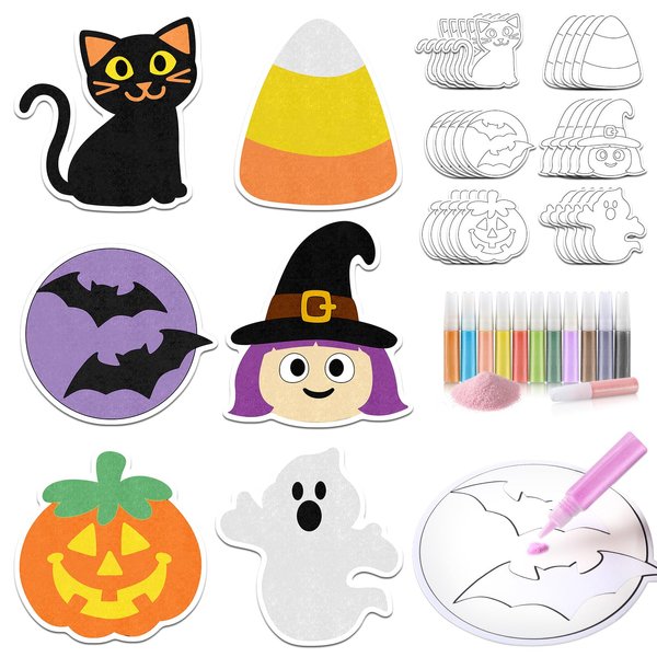 Relaxgiant 24 Sets Halloween Sand Art Craft Kit for Kids Halloween Pumpkin Candy Ghost Witch Cat Bat Painting Kit with Colored Sand Brushes Create Your Own Sand Art for Halloween Party Fun Activities