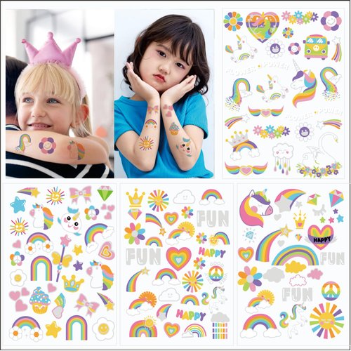 Temporary Tattoos for Kids, Birthday Party Supplies, Fake Tattoos Stickers for Boy and Girls, Decorations Party Game Activities Reward Gifts ﻿ (Rainbow)