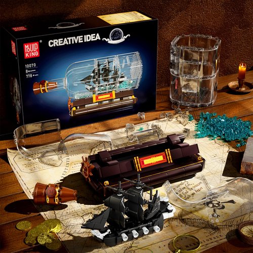 Mould King Ship in a Bottle Toy Building Sets, Black Pirate Ship in a Bottle Kit, Collectible Display Boat Model Set, STEM Project for Adults and Boys Kids Aged 8+ (778 Pieces) 10070