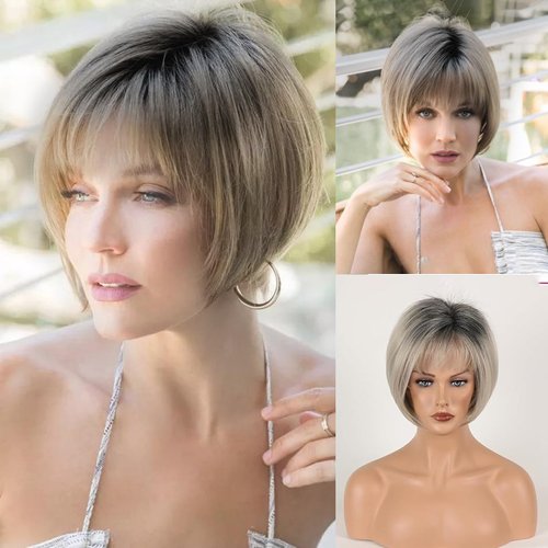 CINHOO Ash Blonde Bob Wigs for Women with Bangs,Graduated Layered with Dark Roots Natural Looking...